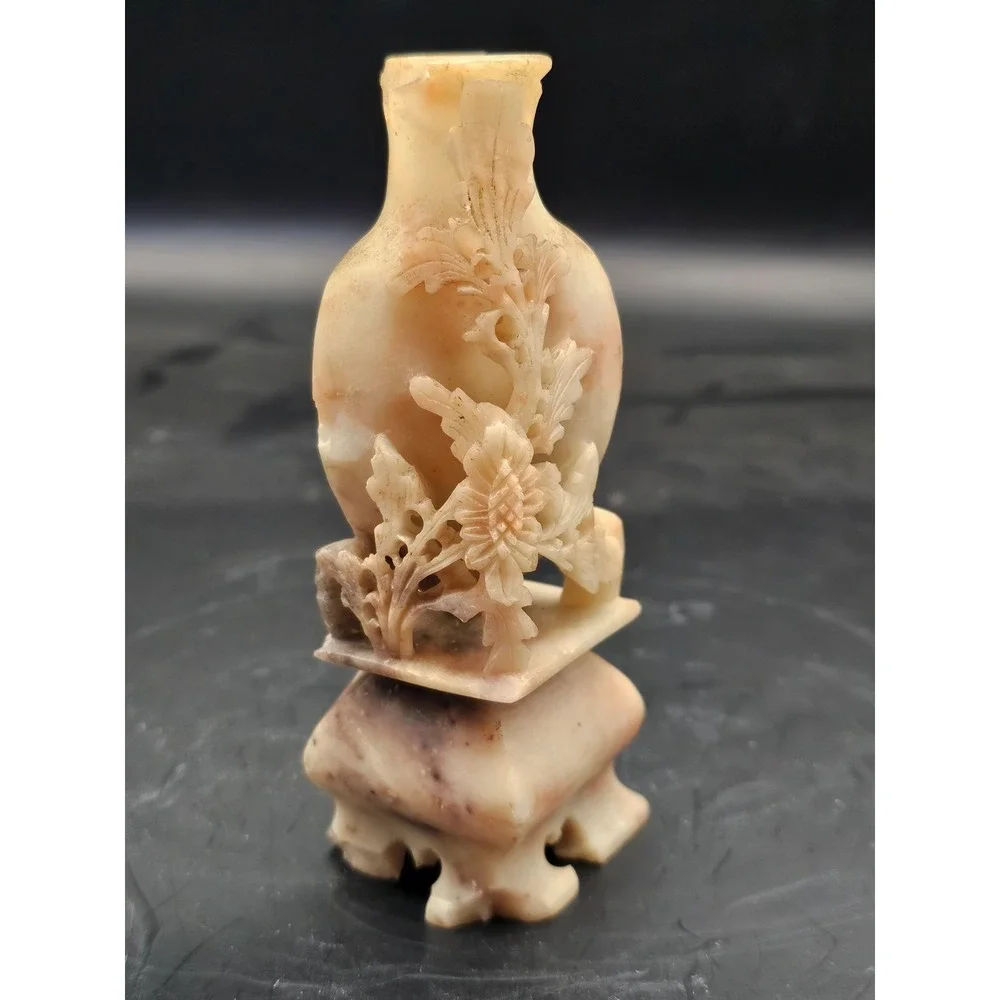 Vintage‎ Chinese Soapstone Small Vase Hand Carved White Floral 4.5in SIGNED
